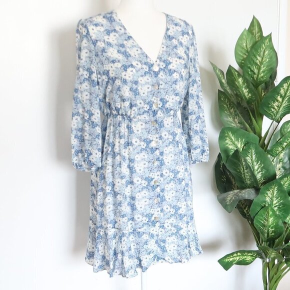 Rails Blue Floral Button Front V-neck Ruffle Hem Mini Dress Size XS - Picture 11 of 11